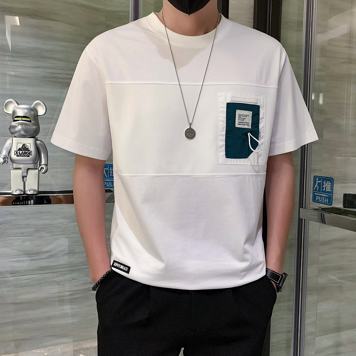 潮牌短袖时尚圆领创意拼接社会风T恤男高档面料白色DT29/P53,男装T恤,星座301C（原B323）