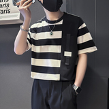 夏季潮牌ins宽松条纹短袖T恤社会小伙店主风B323-DT46-特P58控78，男装T恤，星座301C（原B323）