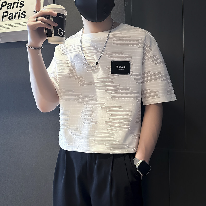 潮男痞帅破洞男士短袖t恤修身社会小伙店主风B323-DT38-P48控68图片