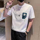 潮牌短袖时尚圆领创意拼接社会风T恤男高档面料白色DT29/P53，男装T恤，星座301C（原B323）