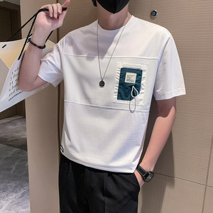 潮牌短袖时尚圆领创意拼接社会风T恤男高档面料白色 DT29/P53图片