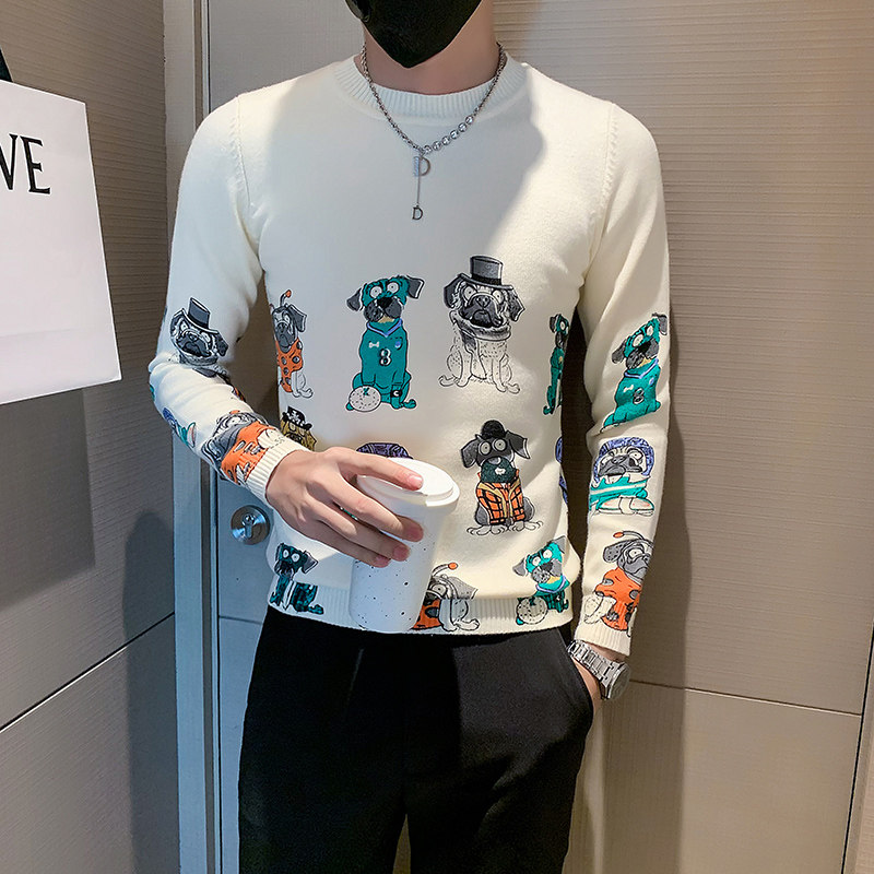 秋冬狗狗图案毛衣男加厚圆领潮牌社会小伙长袖打底衫两色 M24-P88图片