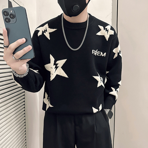 抖音五角星钩花毛衣男圆领加厚针织打底衫B323-M40-P68控98图片