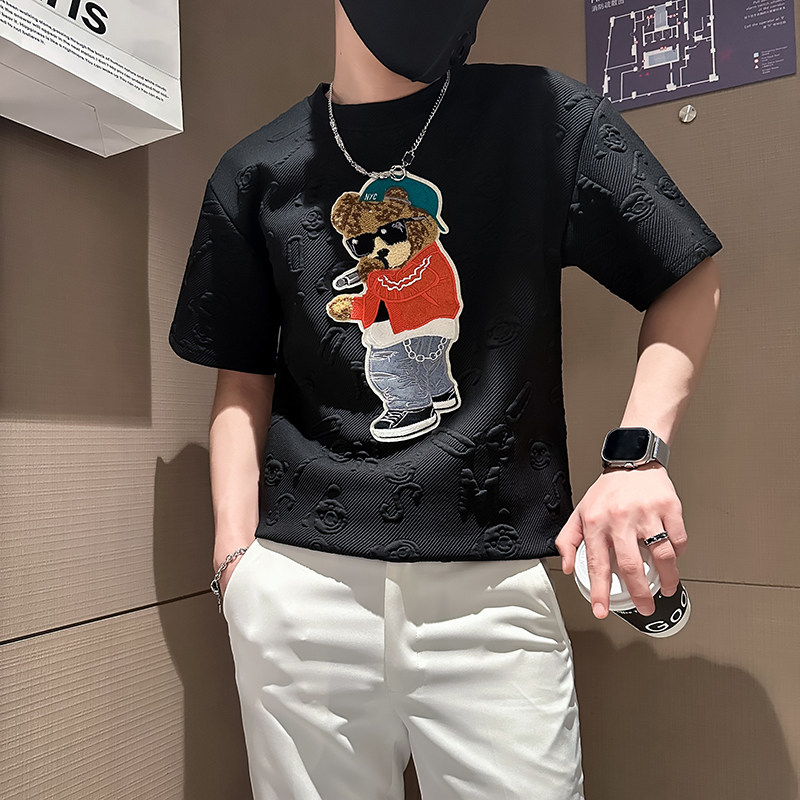 B323-DT66-P48控68社会小伙短袖T恤男店主风小熊刺绣潮流半袖衣服,男装T恤,星座301C（原B323）