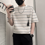 B323-DT74-P55控75社会小伙短袖T恤男店主风条纹痞帅半截袖衣服，男装T恤，星座301C（原B323）