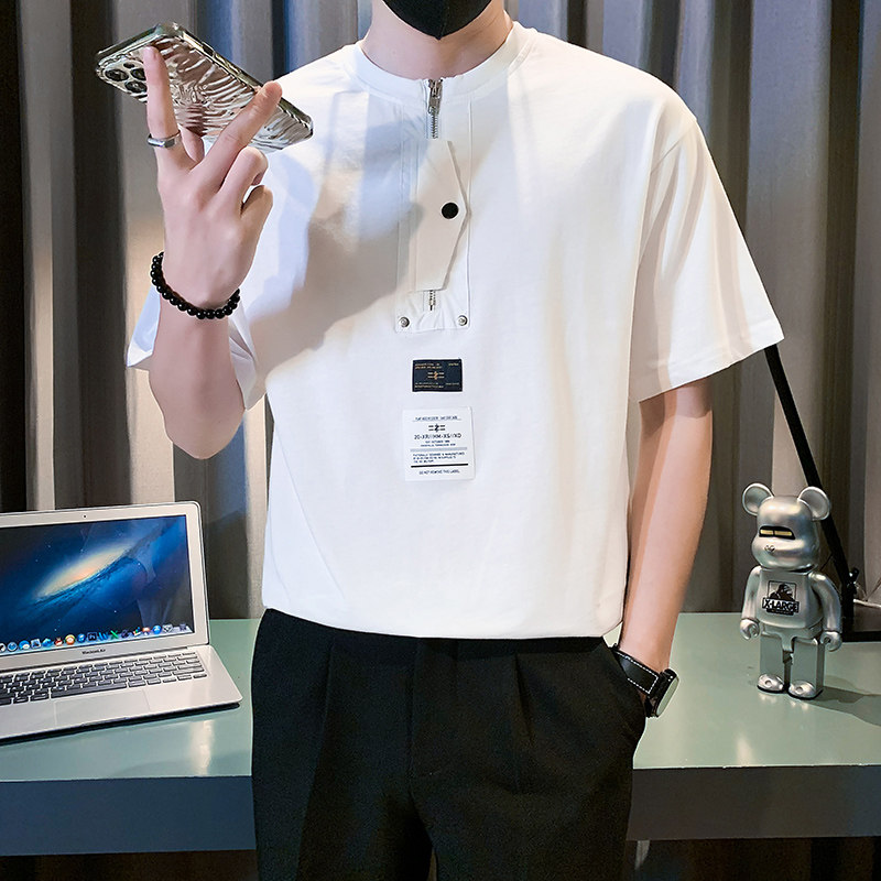 社会小伙潮牌痞帅半拉链短袖T恤男宽松半截袖B323/DT23/P58控78图片