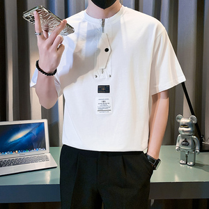 社会小伙潮牌痞帅半拉链短袖T恤男宽松半截袖B323/DT23/P58控78图片