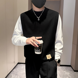 抖音假两件毛衣男高级感潮牌秋冬拼接社会小伙B323-M35-P88图片