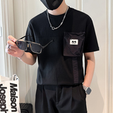 短袖T恤男拼接织带社会小伙店主风男生高级感痞帅B323-DT53-P58，男装T恤，星座301C（原B323）