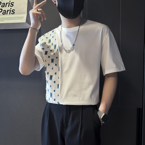 拼接男士破洞格子圆领短袖T恤社会小伙店主风B323-DT48-P48控68图片