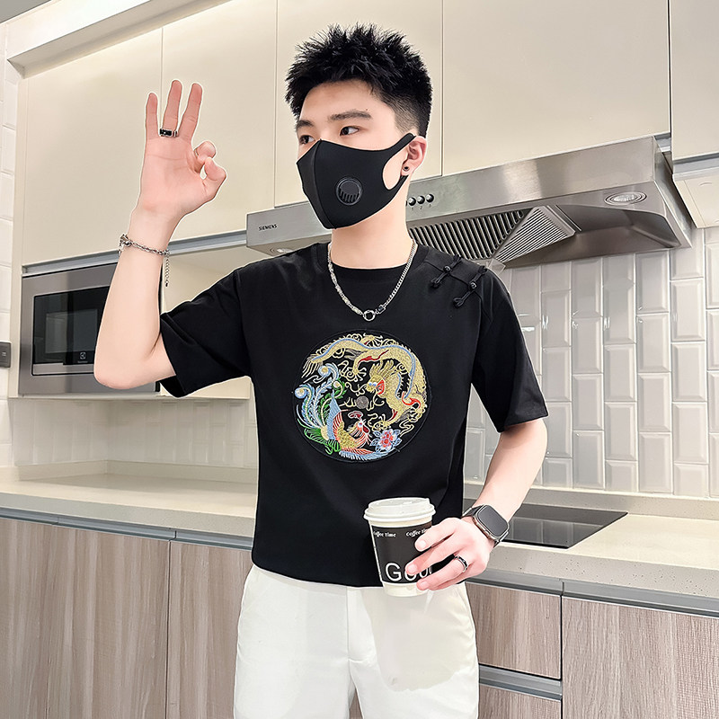 B323-DT67A-特P48控68风短袖T恤男刺绣盘扣设计感社会小伙,男装T恤,星座301C（原B323）