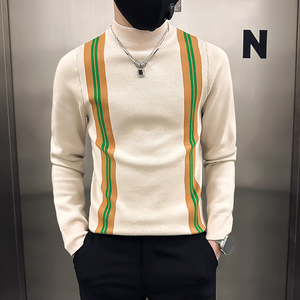 半高领中领毛衣男修身拼色潮流社会小伙针织衫B323-M45-P78控108图片