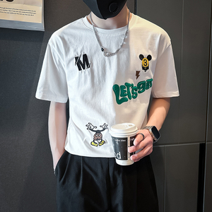 社会小伙店主风短袖t恤男士潮牌痞帅卡通刺绣圆领B323-DT50-P48