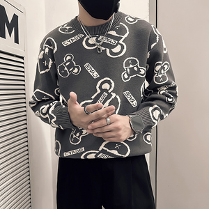 抖音社会小伙毛衣男小熊字母钩花图案加厚针织衫B323-M41-P68控98图片