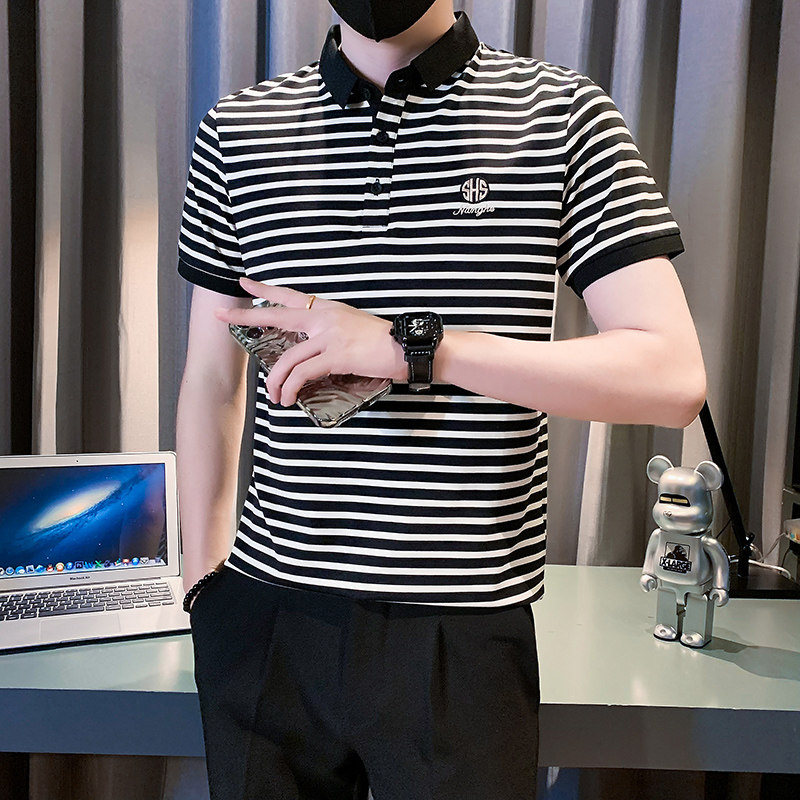 短袖polo衫男潮牌条纹刺绣修身社会小伙男装B323/PL08/P58控78,男装Polo衫,星座301C（原B323）