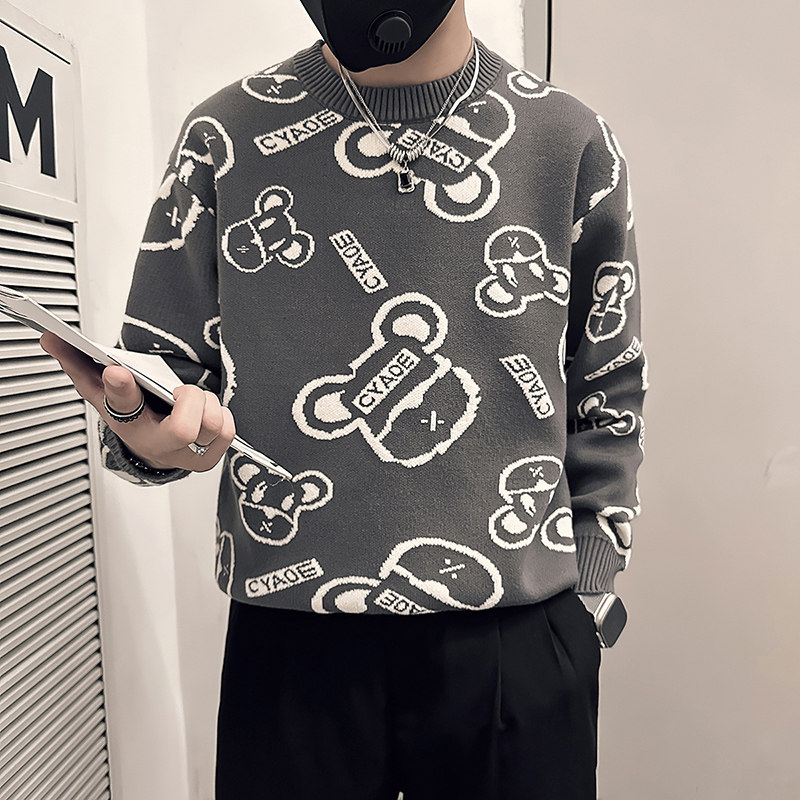 抖音社会小伙毛衣男小熊字母钩花图案加厚针织衫B323-M41-P68控98,男装针织衫/毛衣,星座301C（原B323）
