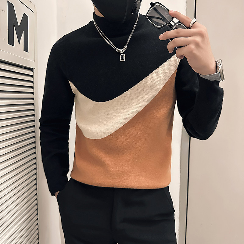 社会小伙毛衣男半高领高级感修身拼色针织衫B323-M49-P78控108,男装针织衫/毛衣,星座301C（原B323）