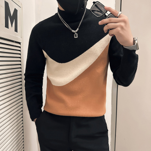 社会小伙毛衣男半高领高级感修身拼色针织衫B323-M49-P78控108图片