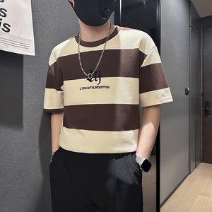 韩版ins街头撞色条纹短袖T恤男社会小伙店主风B323-DT36-P48