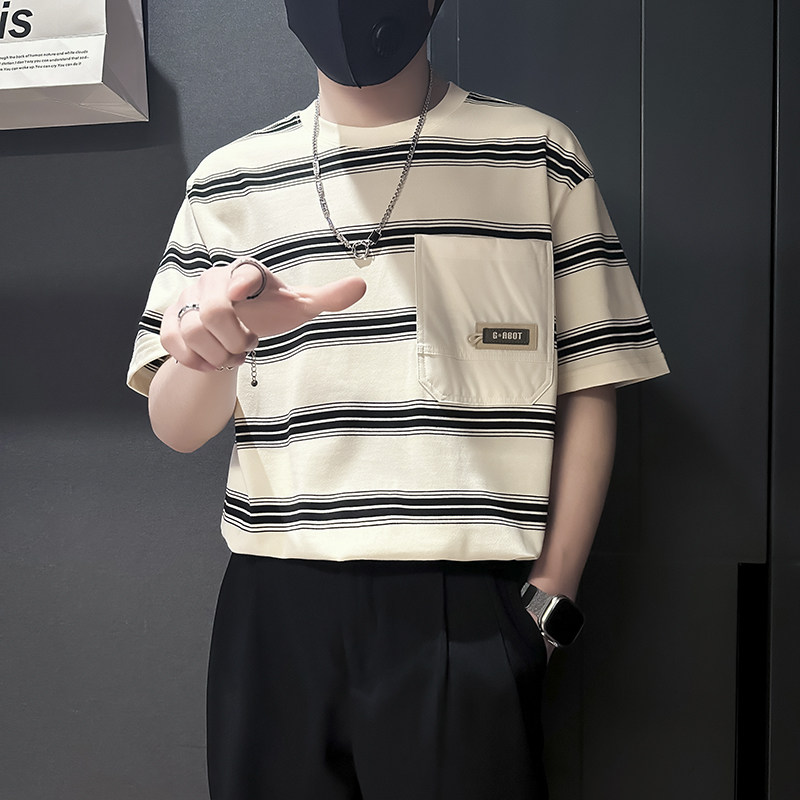 夏季条纹T恤男宽松高级痞帅社会小伙店主风B323-DT45-特P58控78,男装T恤,星座301C（原B323）