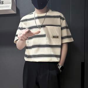夏季条纹T恤男宽松高级痞帅社会小伙店主风B323-DT45-特P58控78图片