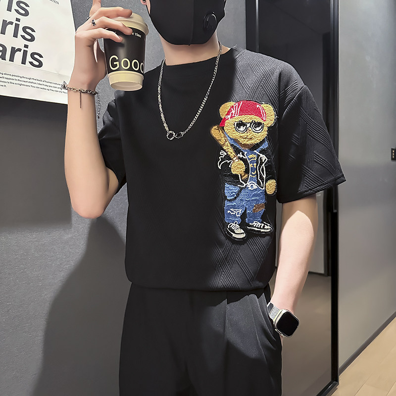 夏季刺绣修身短袖T恤衣服男士社会小伙店主风B323-DT40-P48控68图片