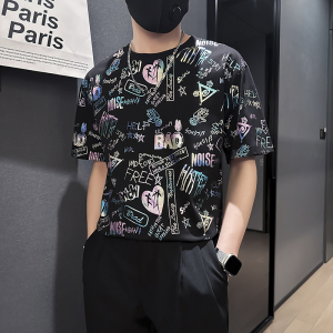 高级感印花短袖T恤男潮流百搭社会小伙店主风B323-DT44-P48控68图片