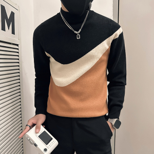 社会小伙毛衣男半高领高级感修身拼色针织衫B323-M49-P78控108图片