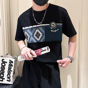 撞色男士短袖t恤拼接刺绣社会小伙店主风夏季半袖B323-DT55-P58图片
