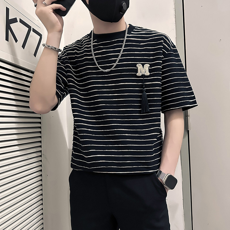 B323-DT74-P55控75社会小伙短袖T恤男店主风条纹痞帅半截袖衣服,男装T恤,星座301C（原B323）
