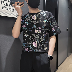 高级感印花短袖T恤男潮流百搭社会小伙店主风B323-DT44-P48控68图片