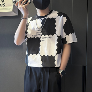 衣服男2025年新款短袖t恤印花社会小伙店主风B323-DT34-P48控68,银色头发搭配什么衣服好看图片图片