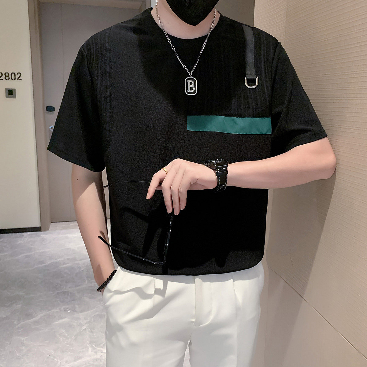只有黑色男士短袖t恤拼接潮流时尚冰丝薄款社会小伙DT31/特P45,男装T恤,星座301C（原B323）