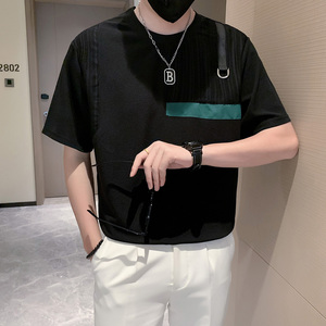只有黑色男士短袖t恤拼接潮流时尚冰丝薄款社会小伙 DT31/特P45图片