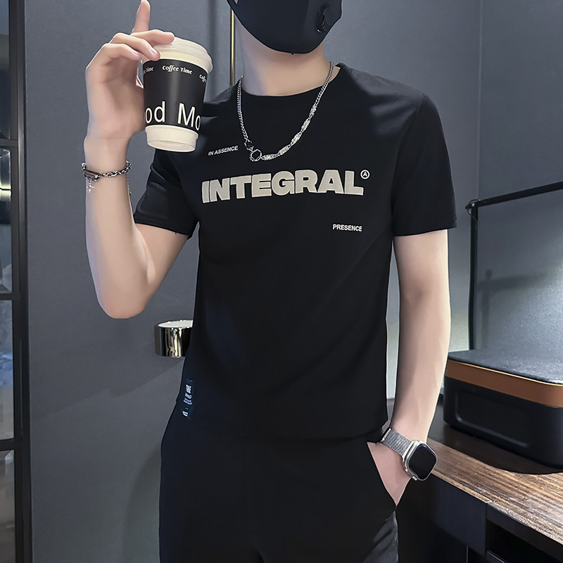 夏季短袖T恤男修身潮流字母社会小伙店主风B323-DT05A-P38控58,男装T恤,星座301C（原B323）