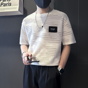 潮男痞帅破洞男士短袖t恤修身社会小伙店主风B323-DT38-P48控68图片