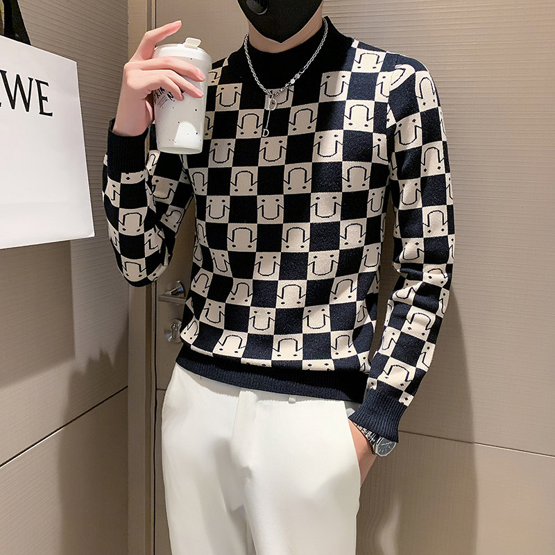 社会小伙半高领毛衣男格子潮牌ins痞帅炸街秋冬款三色M19-P68,男装针织衫/毛衣,星座301C（原B323）