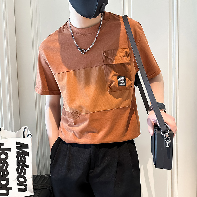社会小伙店主风2025夏季新款简约短袖t恤男拼接B323-DT52-特P45,男装T恤,星座301C（原B323）