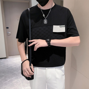 只有黑色冰丝拼接短袖t恤男设计感潮牌小伙半袖衣服 DT30/特P45图片