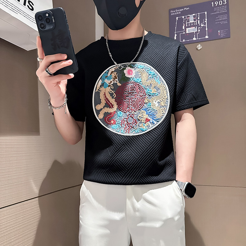B323-DT71-P48控68社会小伙短袖T恤男店主风风绣标百搭半截袖,男装T恤,星座301C（原B323）