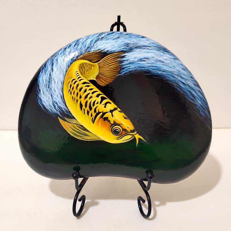 精品手绘防水不掉色丙烯石头画金龙鱼玄关办公室祝福礼品高端摆件