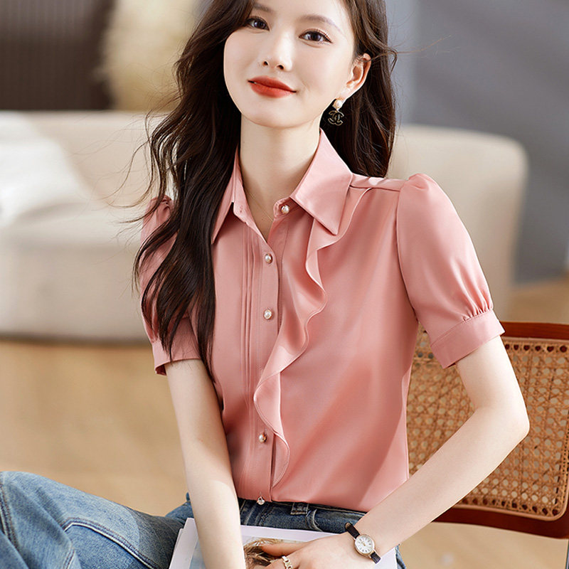 荷叶边雪纺衬衫女短袖夏季新款韩版POLO领上衣洋气显瘦职业装衬衣