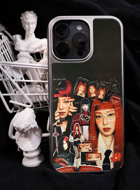 Jennie拼贴画手机壳大孔电镀黑框碳纤维二合一玻璃适用苹果17promax华为MATE50PRO小米14PROPURA80PROPLUS