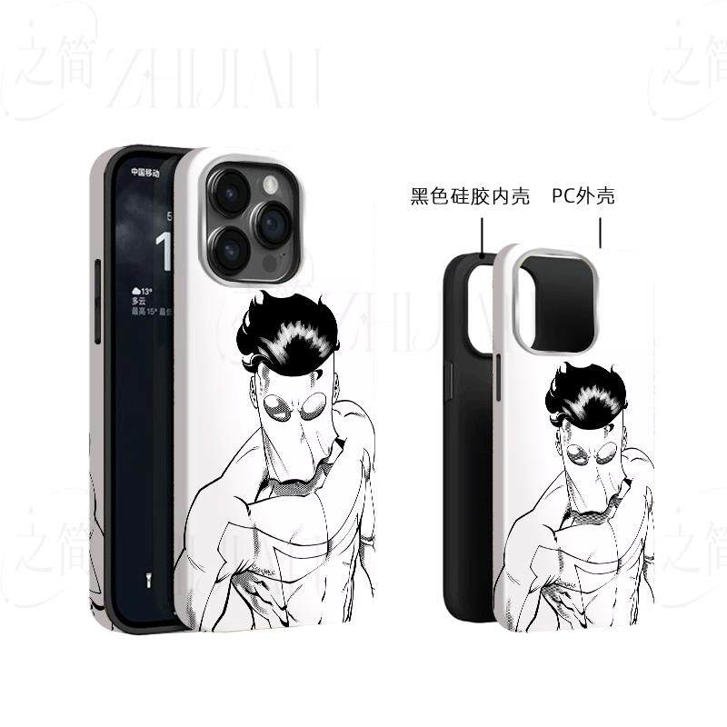 黑白手绘超英磨砂磁吸手机壳大孔亮面硬壳适用苹果iphone18promax华为PURAXVIEWIQOO15荣耀100PRO