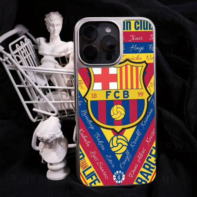 巴萨队徽球星手机壳大孔电镀黑框碳纤纹二合一磁吸适用苹果17promax华为PURA70PROPLUSPURA80PROPLUS小米14PR