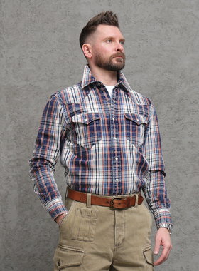 西里布美式经典复古水洗全棉做旧格纹衬衫西部休闲外套男非rrl