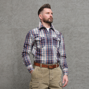 西部休闲外套男非rrl 复古水洗全棉做旧格纹衬衫 西里布美式 经典