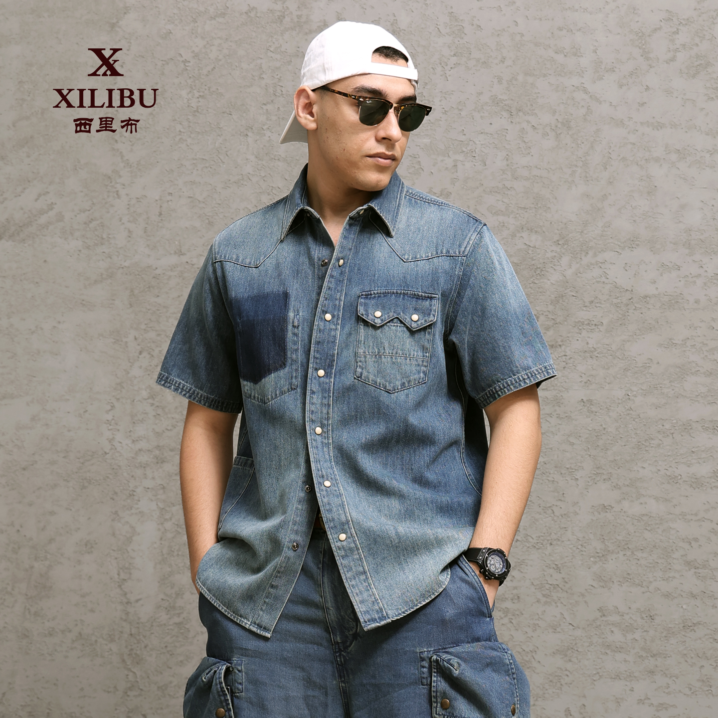 西里布美式复古牛仔半袖衬衫