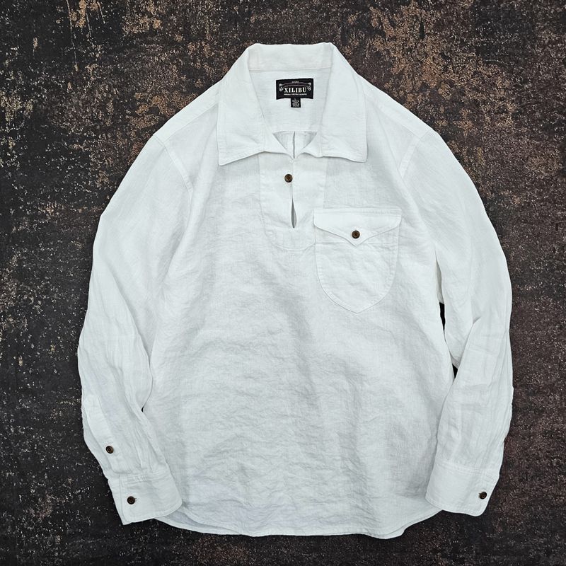西里布白色春夏长袖砂洗亚麻衬衣透气套头衬衫男文艺复古休闲新品