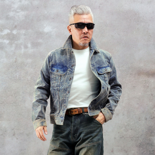 男款 西里布灯芯绒蓝染101 夹克衫 工装 拔染做旧条绒外套非rrl J短款